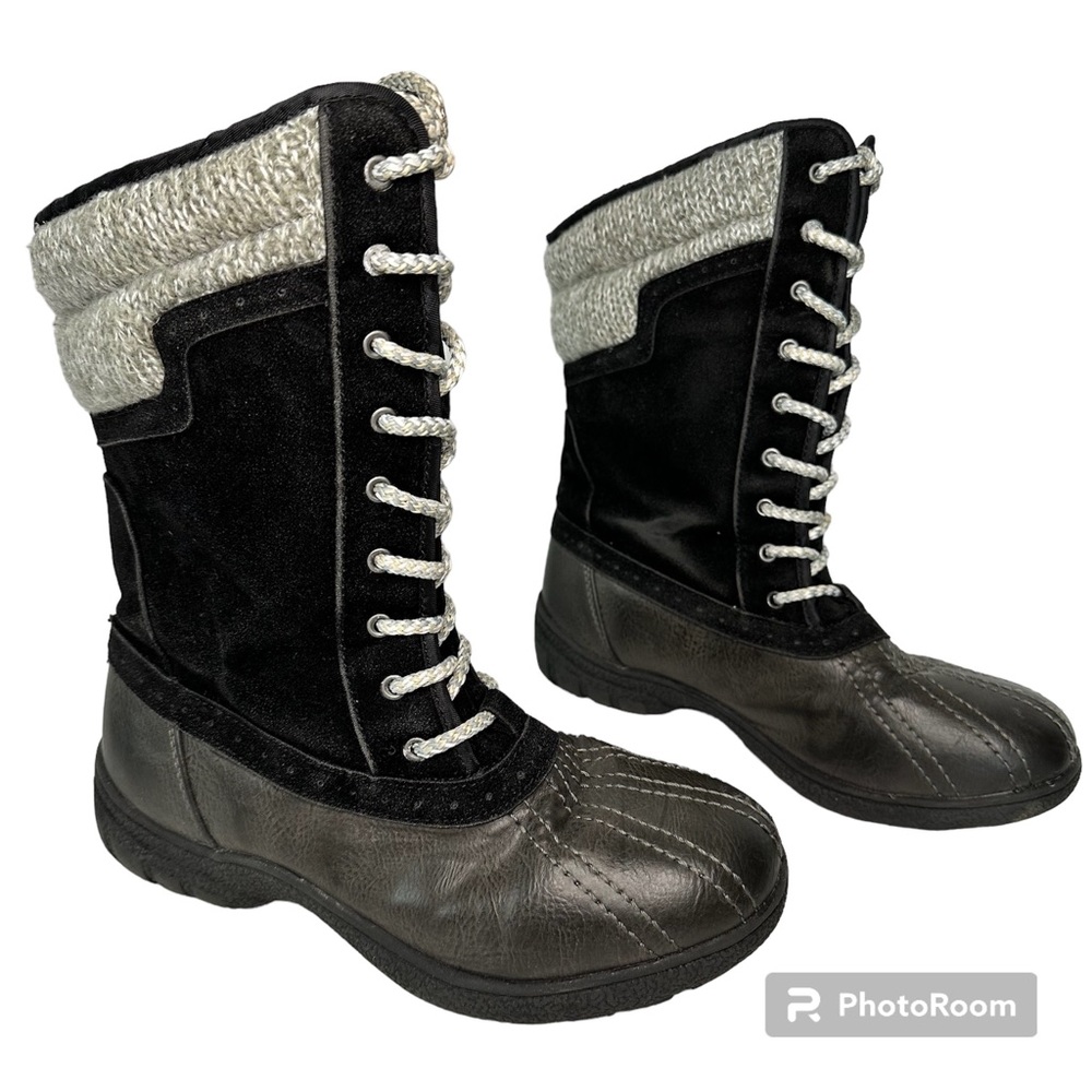 London Fog | Black Faux Leather/Suede Lace Up Winter Boots W/ Knit Trim | Size 9